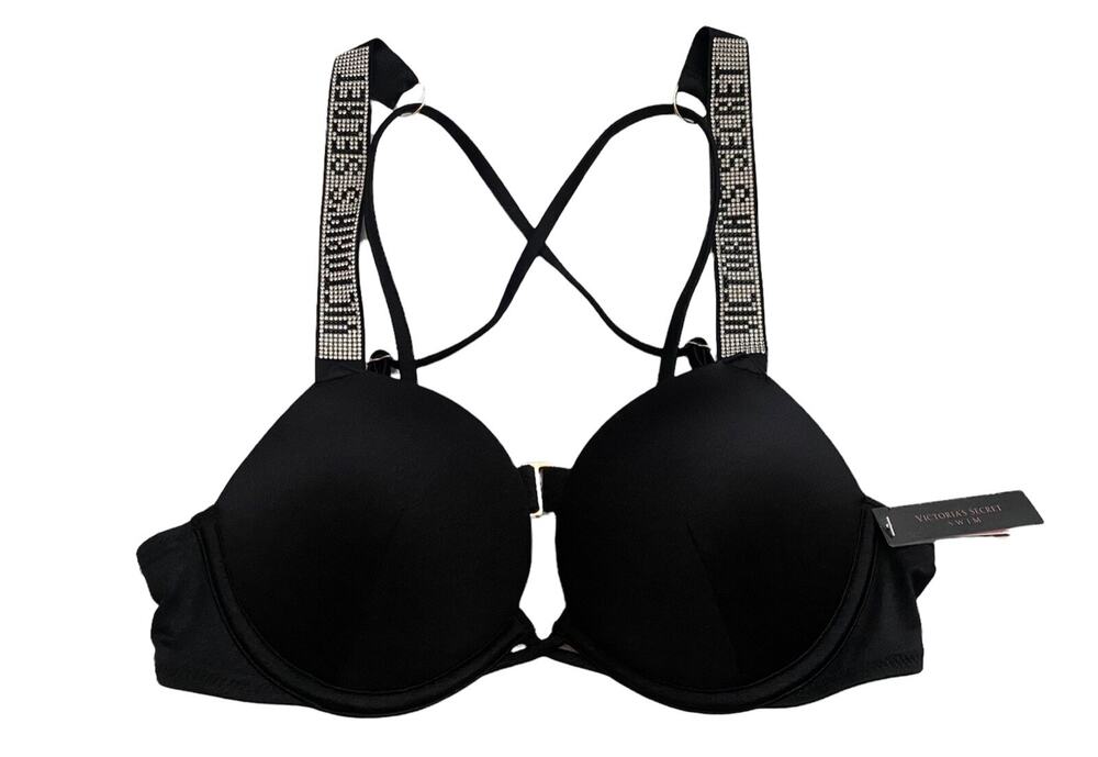 Victoria' Secret Nwt Black Shine Strap Bombshell + 2 Cups Push Up Bikini Top 34C